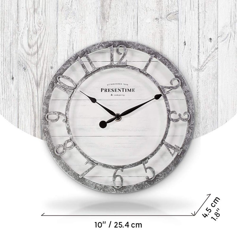 Presentime & Co 10" Farmhouse Series Wall Clock, Quartz Movement, Shiplap Style, Raised 3D Arabic Numeral, Galvanized Finish - Image 4